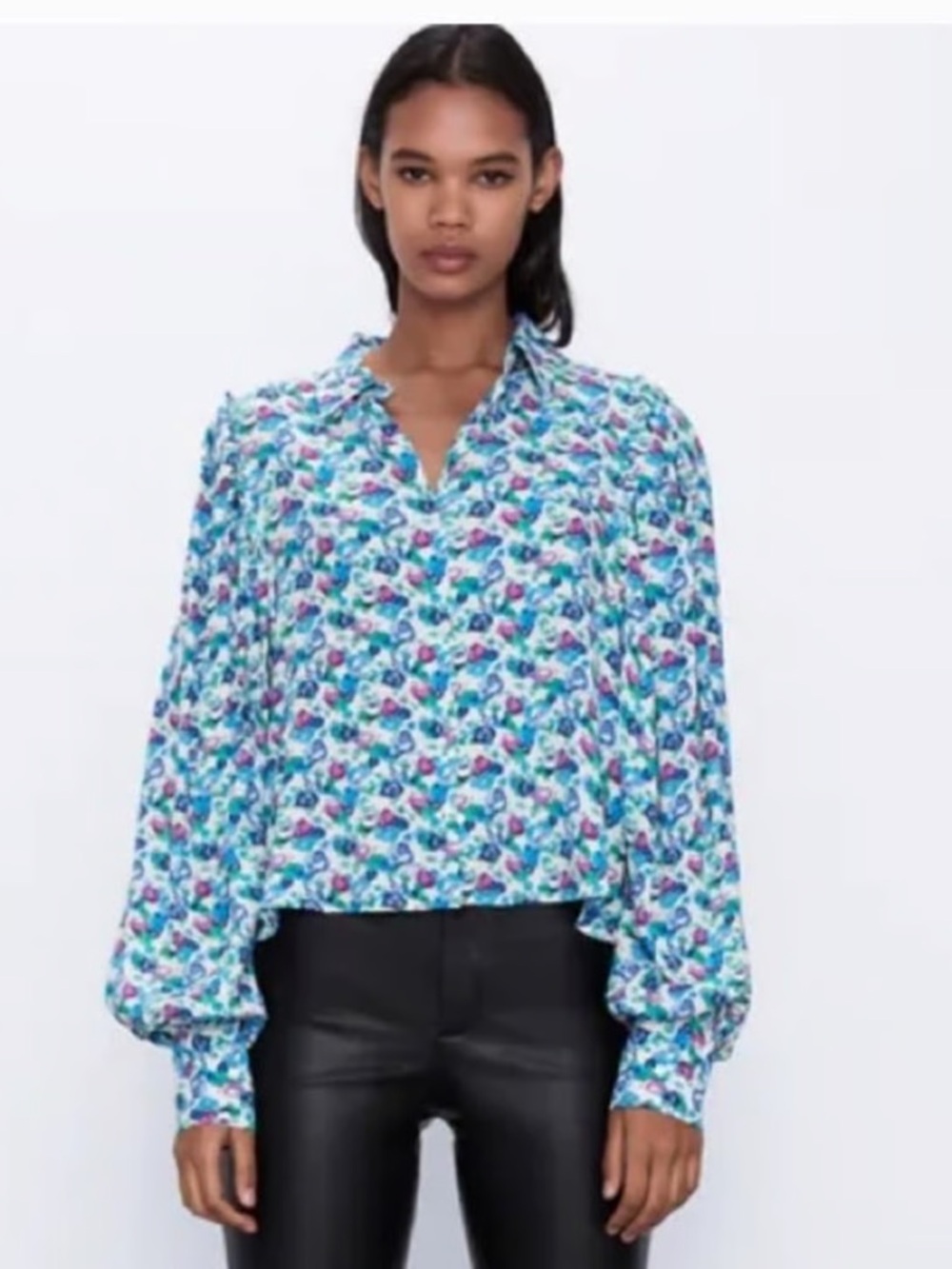 Zara Blue Floral Print Long-Sleeve Blouse